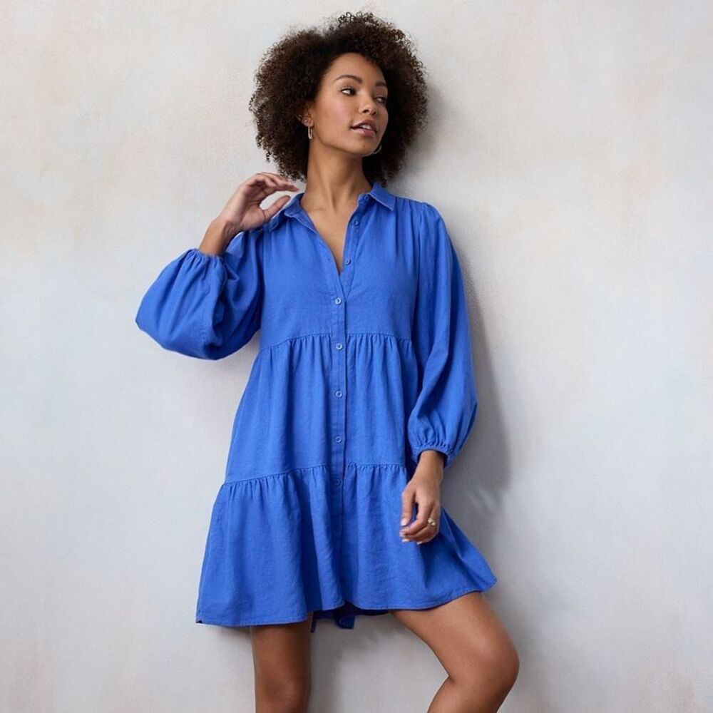 Lauren Conrad Women Blue Button Front Tiered Long Sleeve Mini Shirt Dress Size M